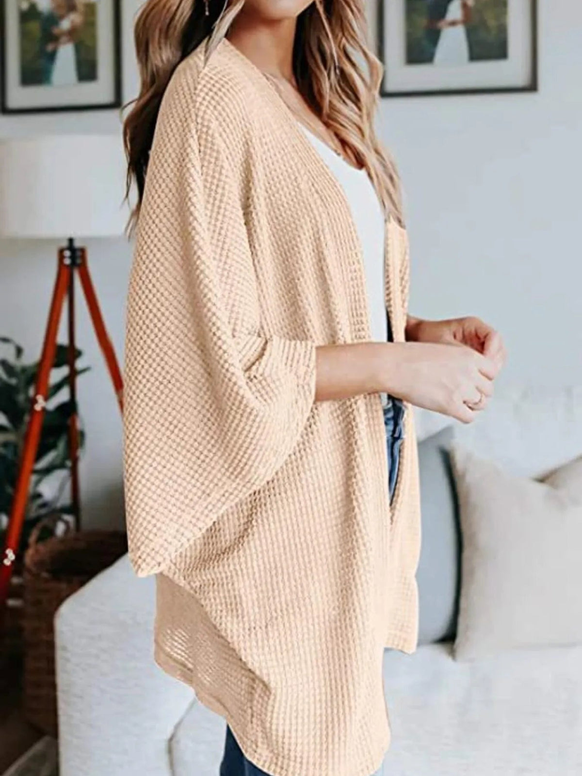 Full Size Open Front Waffle Knit Cardigan Plus Size - Quarter Circle AK Boutique