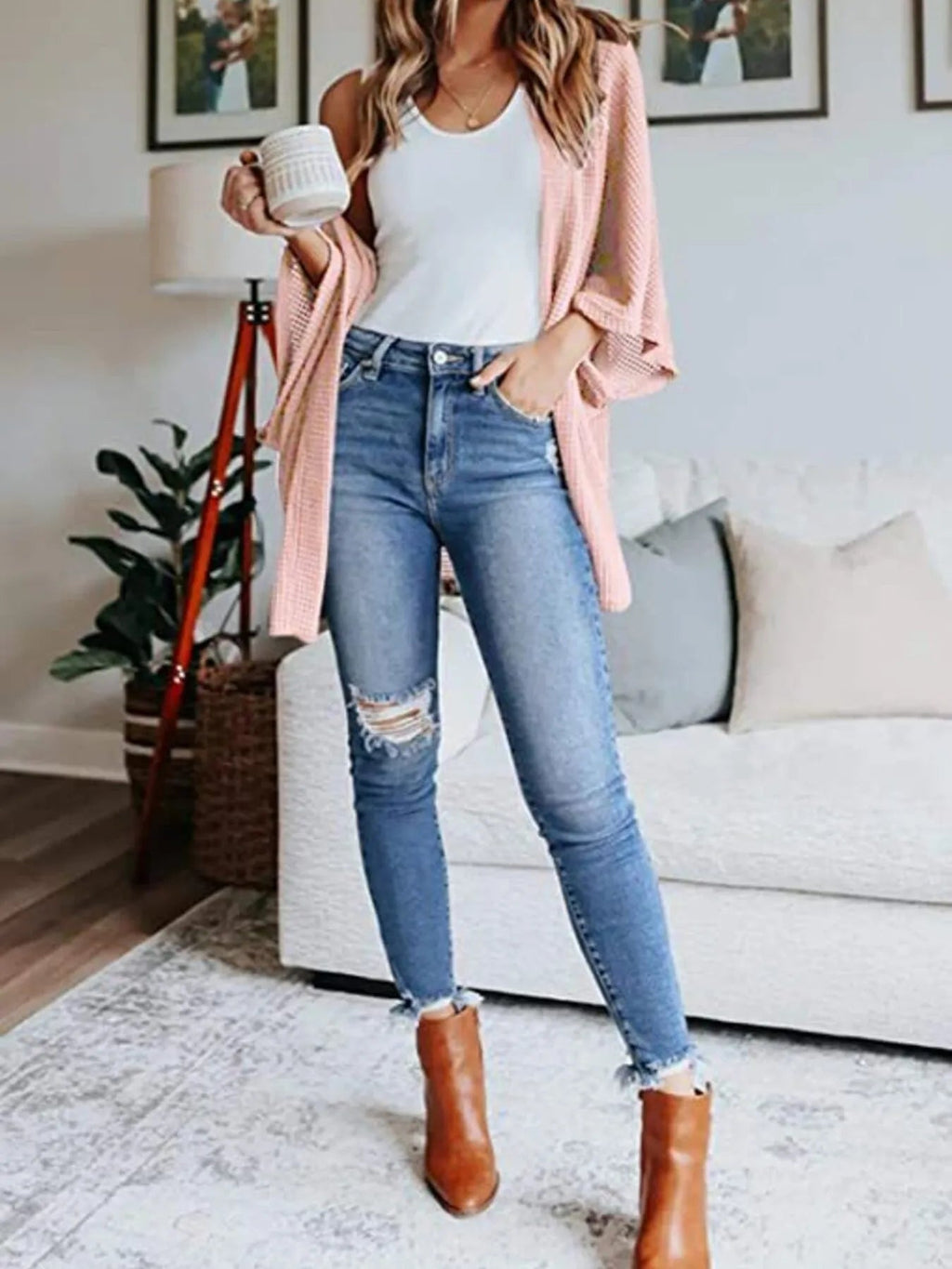Full Size Open Front Waffle Knit Cardigan Plus Size - Quarter Circle AK Boutique