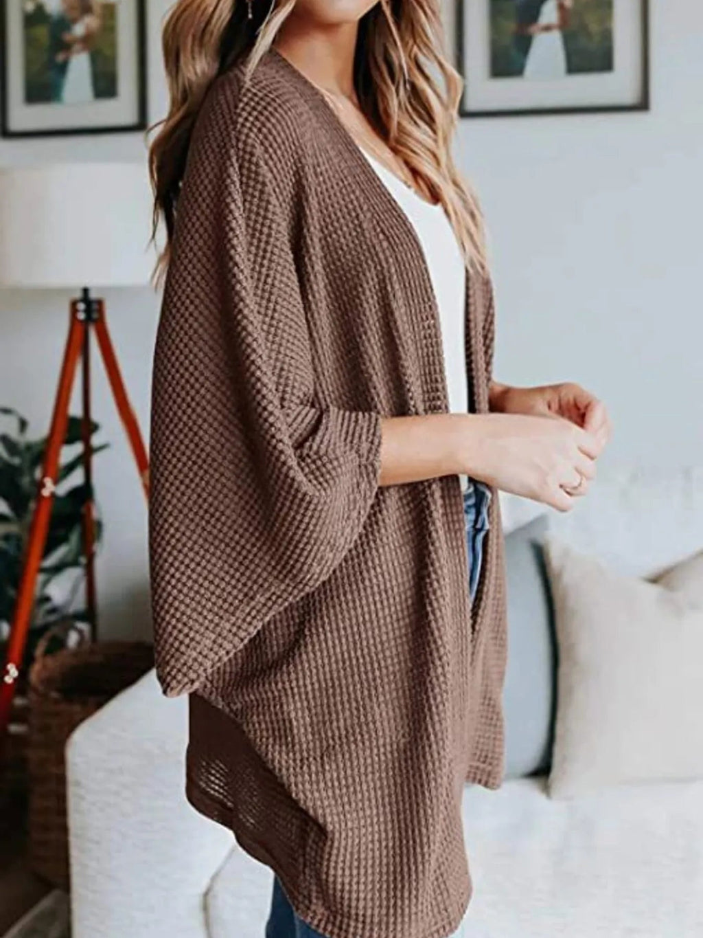 Full Size Open Front Waffle Knit Cardigan Plus Size - Quarter Circle AK Boutique