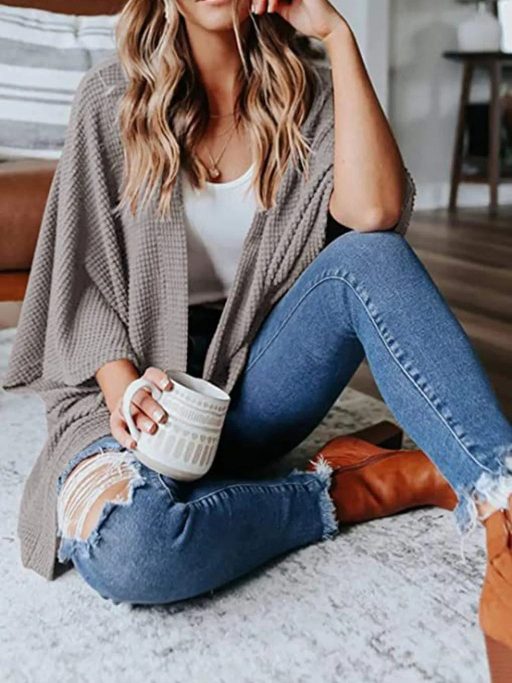 Full Size Open Front Waffle Knit Cardigan Plus Size - Quarter Circle AK Boutique