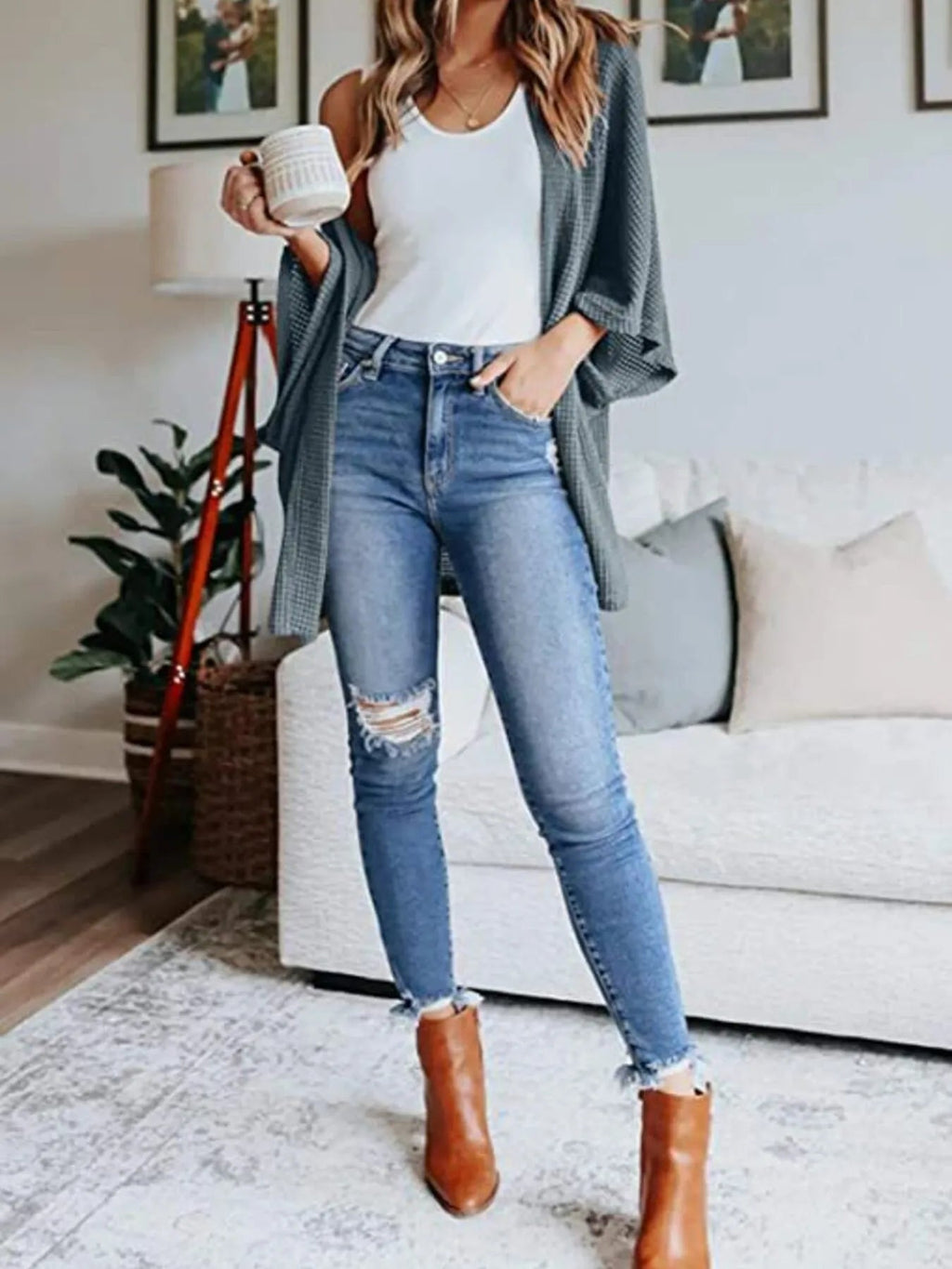 Full Size Open Front Waffle Knit Cardigan Plus Size - Quarter Circle AK Boutique
