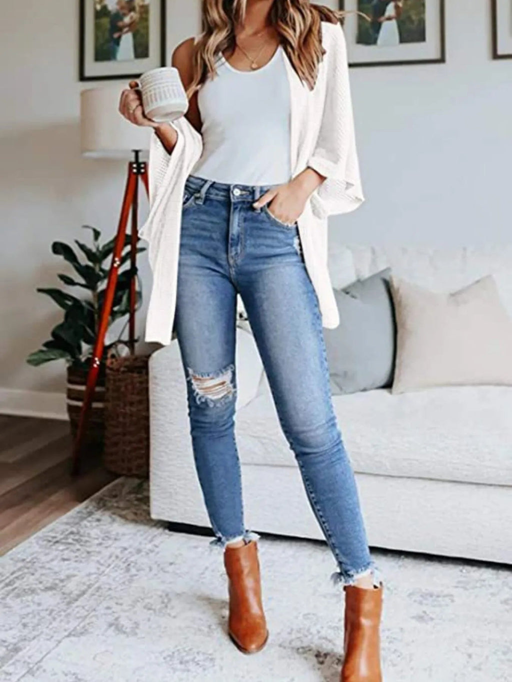 Full Size Open Front Waffle Knit Cardigan Plus Size - Quarter Circle AK Boutique