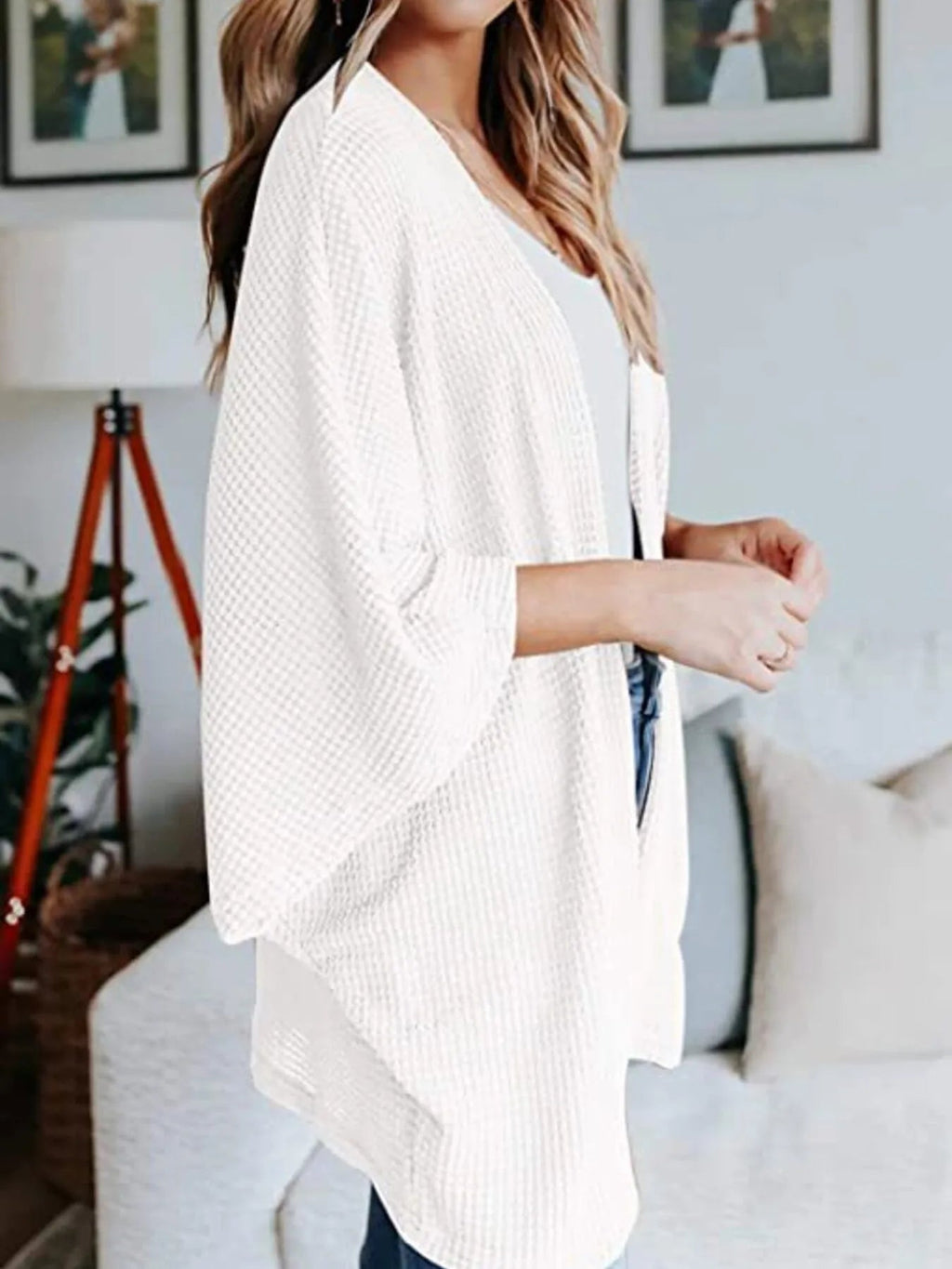 Full Size Open Front Waffle Knit Cardigan Plus Size - Quarter Circle AK Boutique
