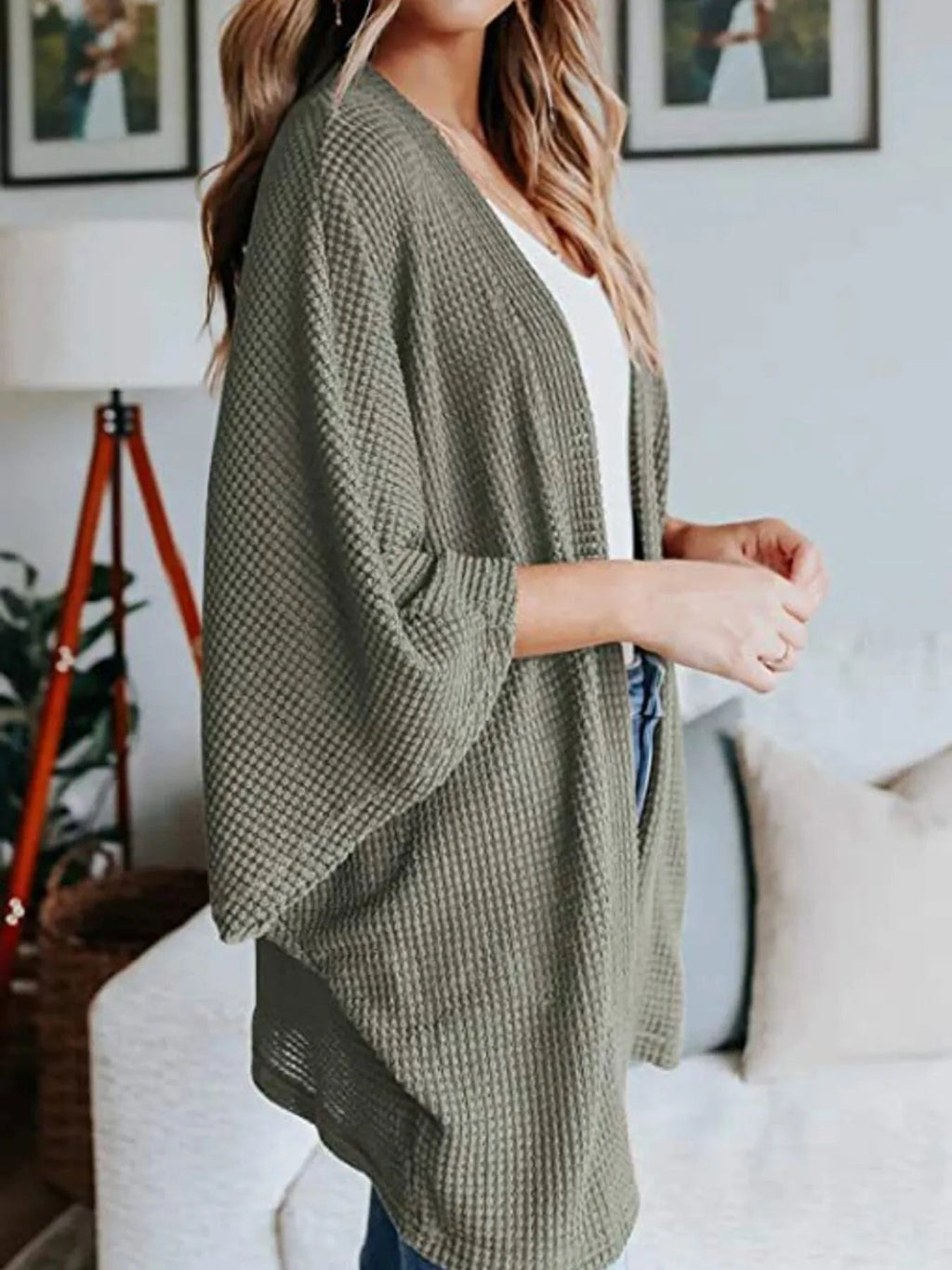 Full Size Open Front Waffle Knit Cardigan Plus Size - Quarter Circle AK Boutique