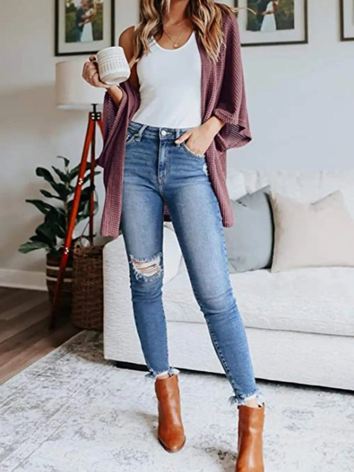 Full Size Open Front Waffle Knit Cardigan Plus Size - Quarter Circle AK Boutique