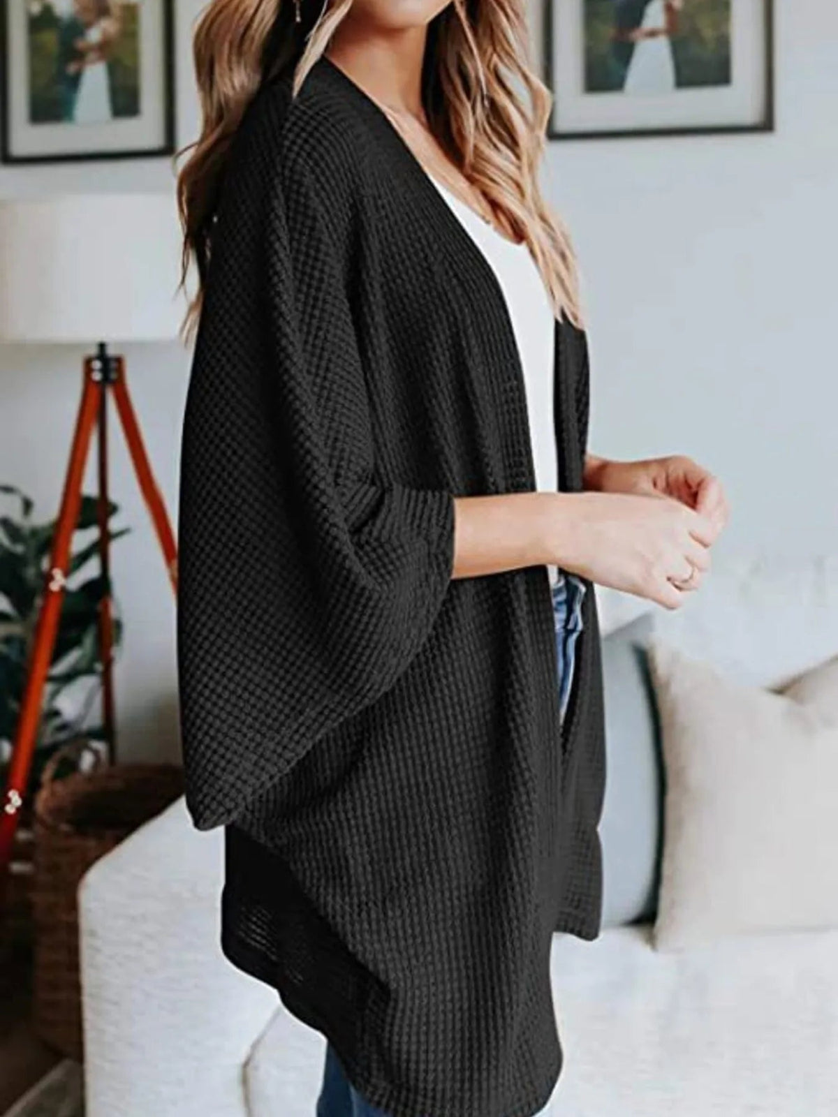 Full Size Open Front Waffle Knit Cardigan Plus Size - Quarter Circle AK Boutique