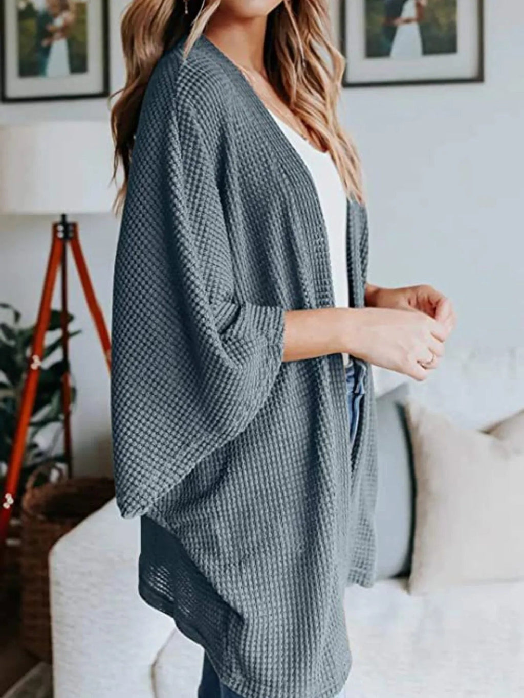 Full Size Open Front Waffle Knit Cardigan Plus Size - Quarter Circle AK Boutique