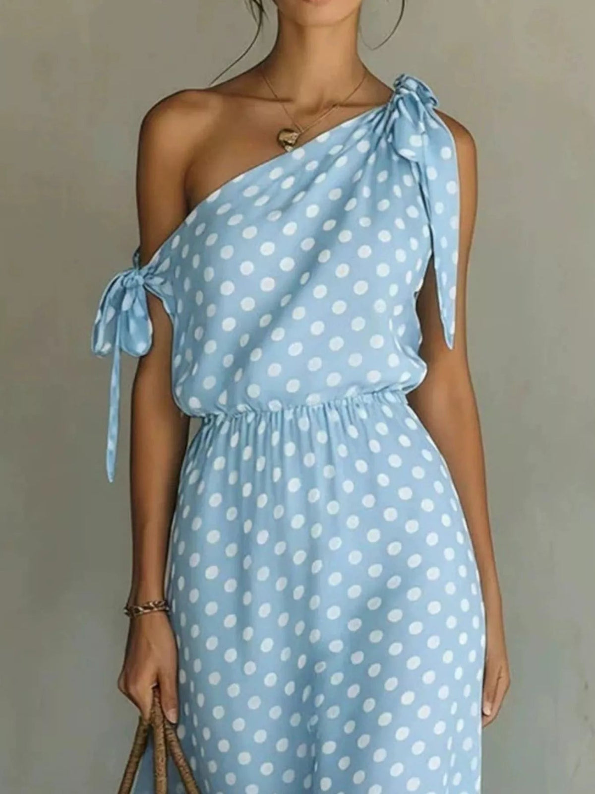 Full Size Polka Dot One-Shoulder Maxi Dress with Tie Details Plus Size - Quarter Circle AK Boutique