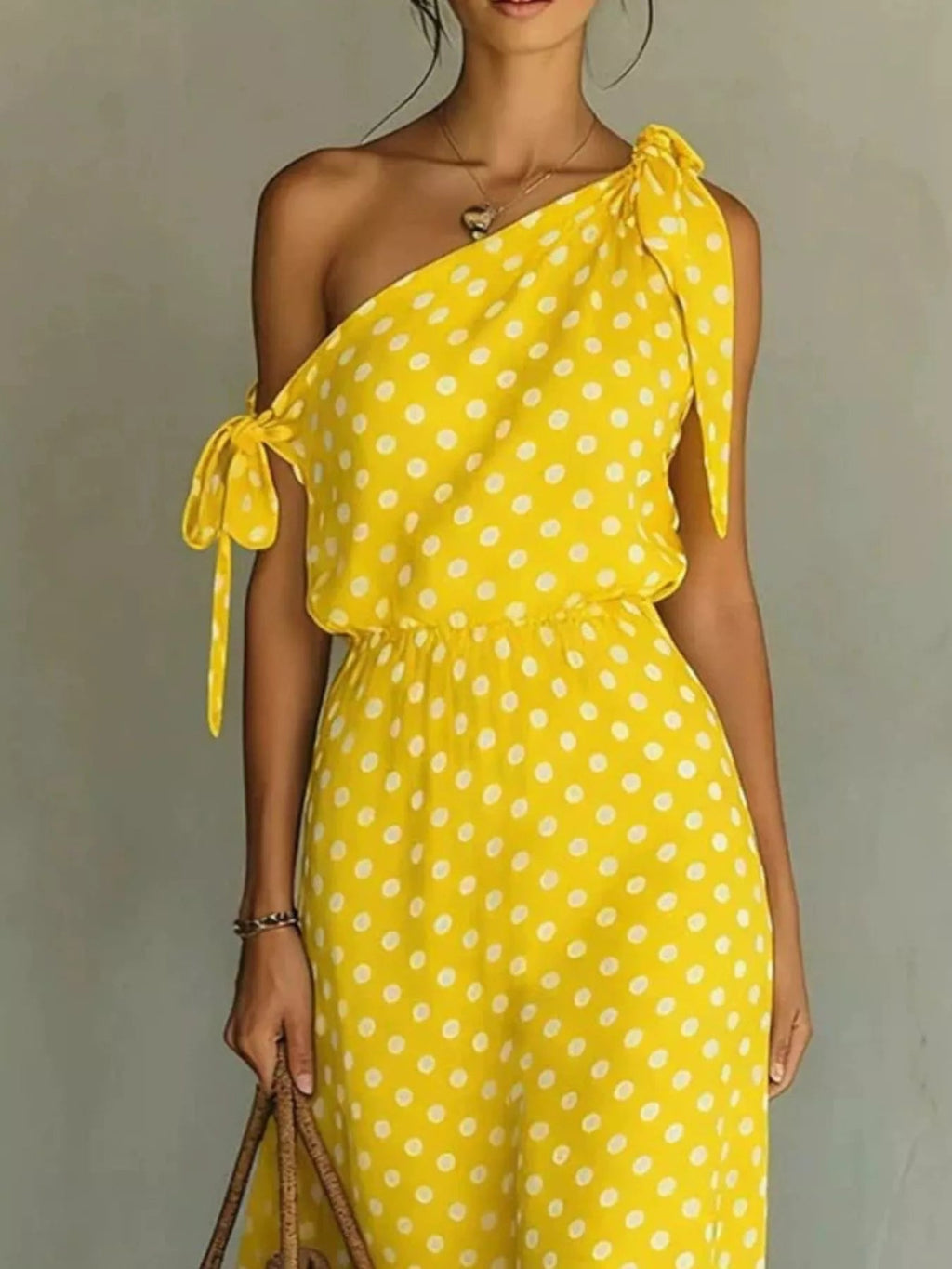 Full Size Polka Dot One-Shoulder Maxi Dress with Tie Details Plus Size - Quarter Circle AK Boutique