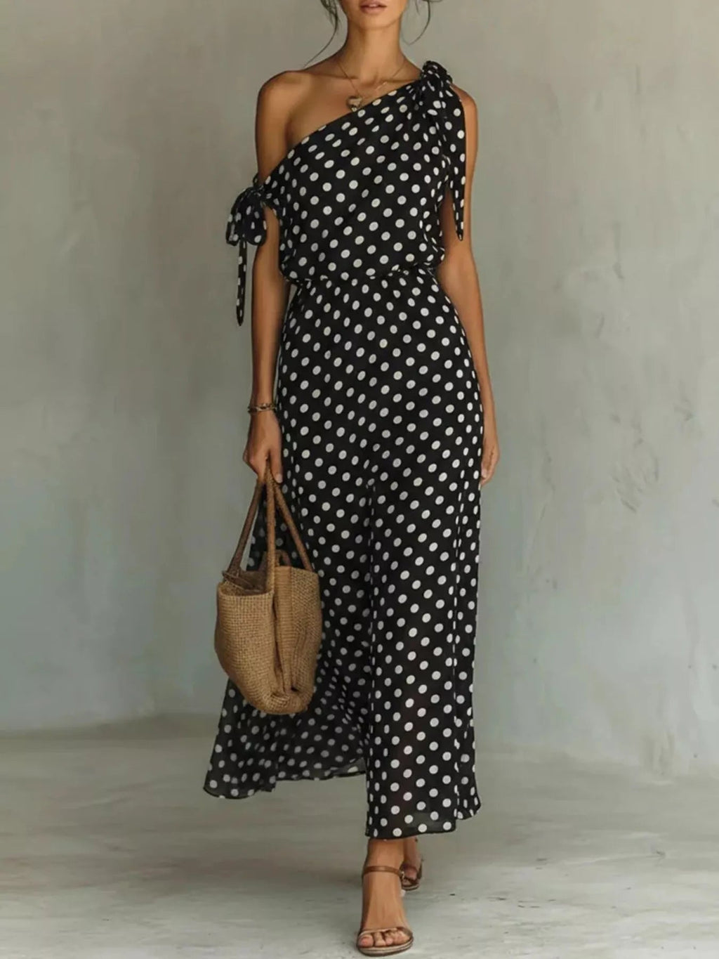 Full Size Polka Dot One-Shoulder Maxi Dress with Tie Details Plus Size - Quarter Circle AK Boutique
