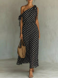Full Size Polka Dot One-Shoulder Maxi Dress with Tie Details Plus Size - Quarter Circle AK Boutique
