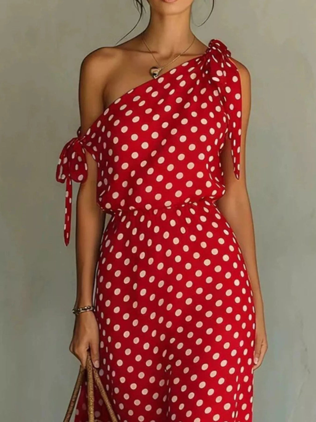 Full Size Polka Dot One-Shoulder Maxi Dress with Tie Details Plus Size - Quarter Circle AK Boutique