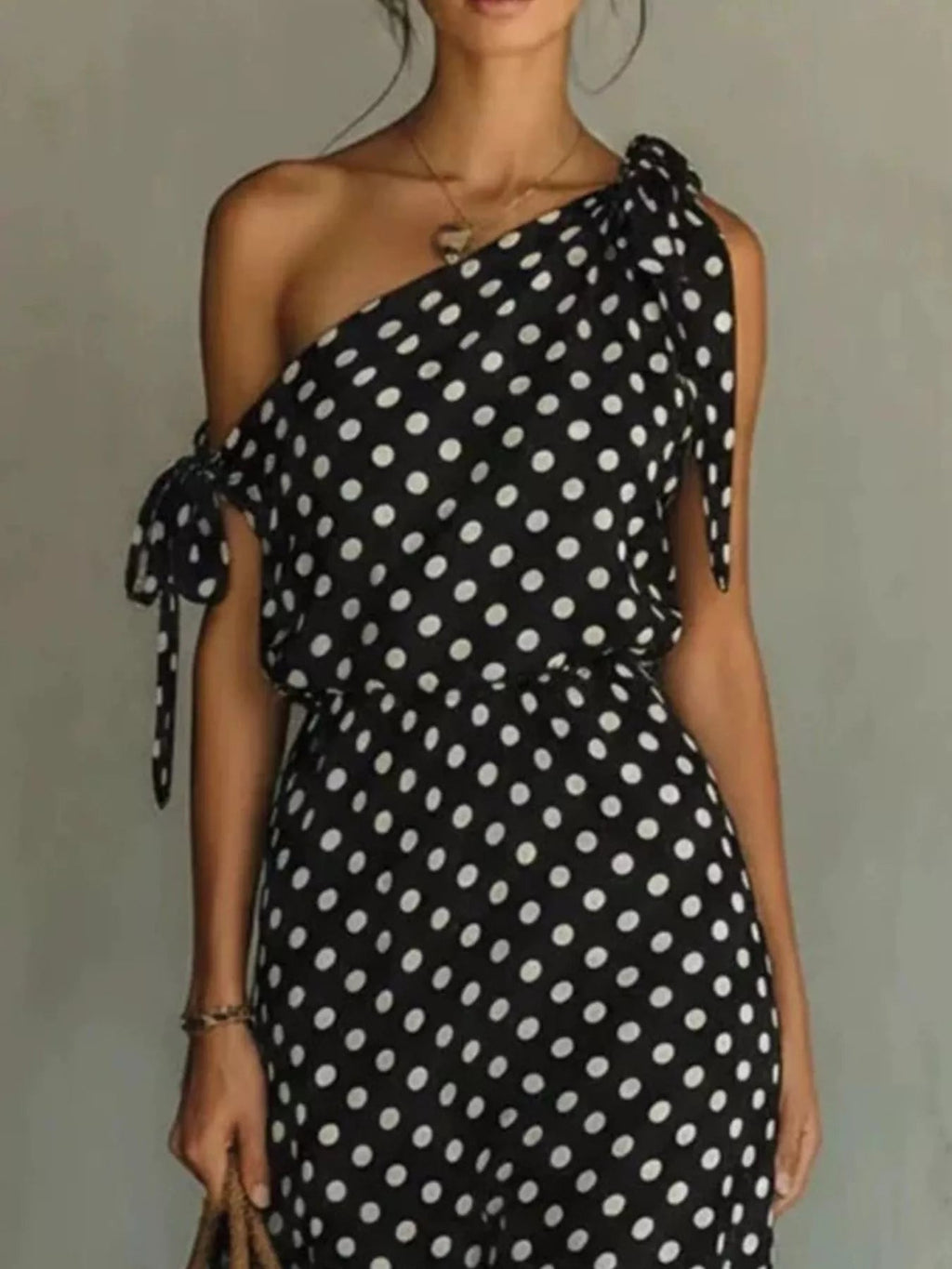 Full Size Polka Dot One-Shoulder Maxi Dress with Tie Details Plus Size - Quarter Circle AK Boutique