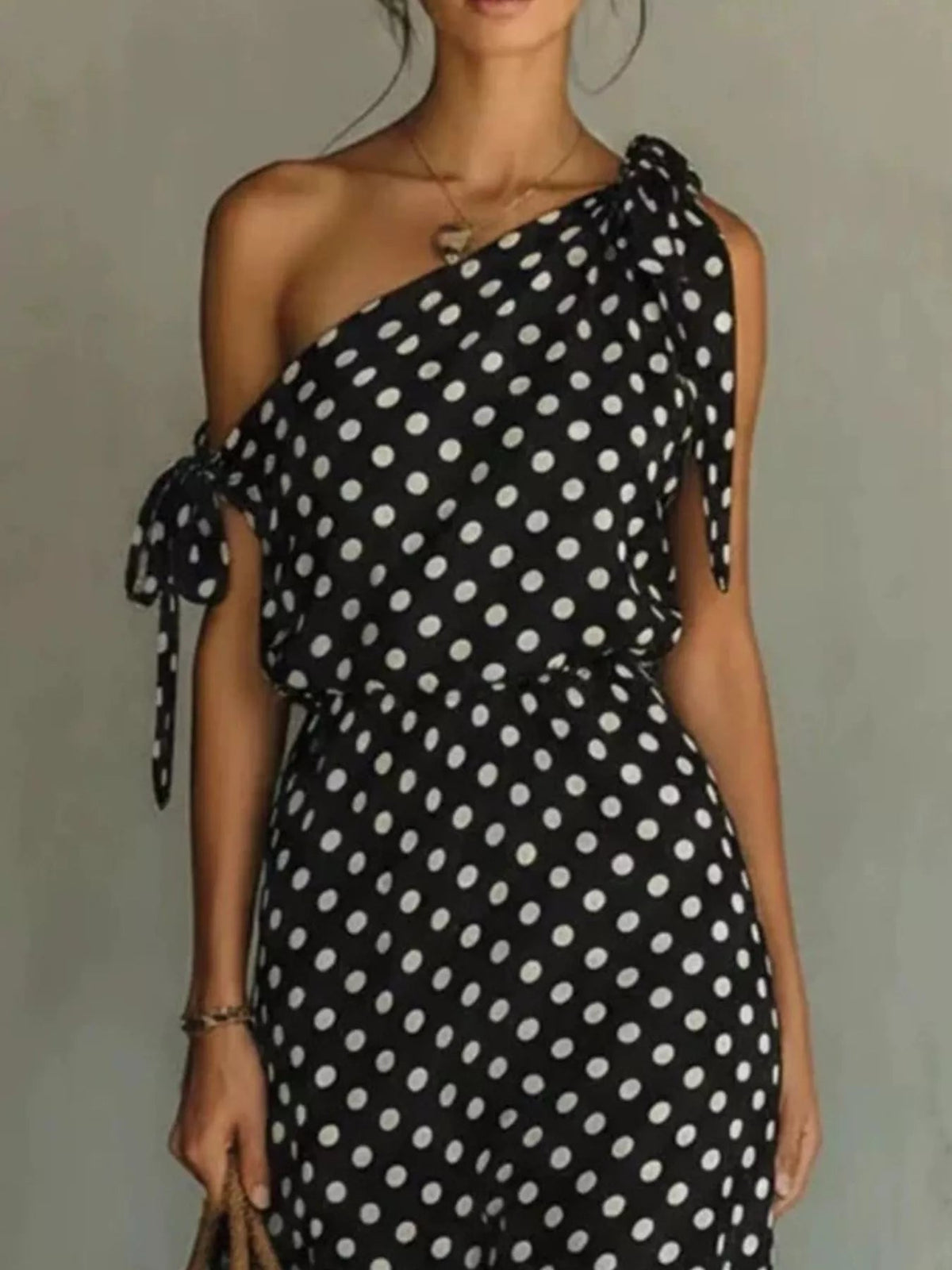 Full Size Polka Dot One-Shoulder Maxi Dress with Tie Details Plus Size - Quarter Circle AK Boutique