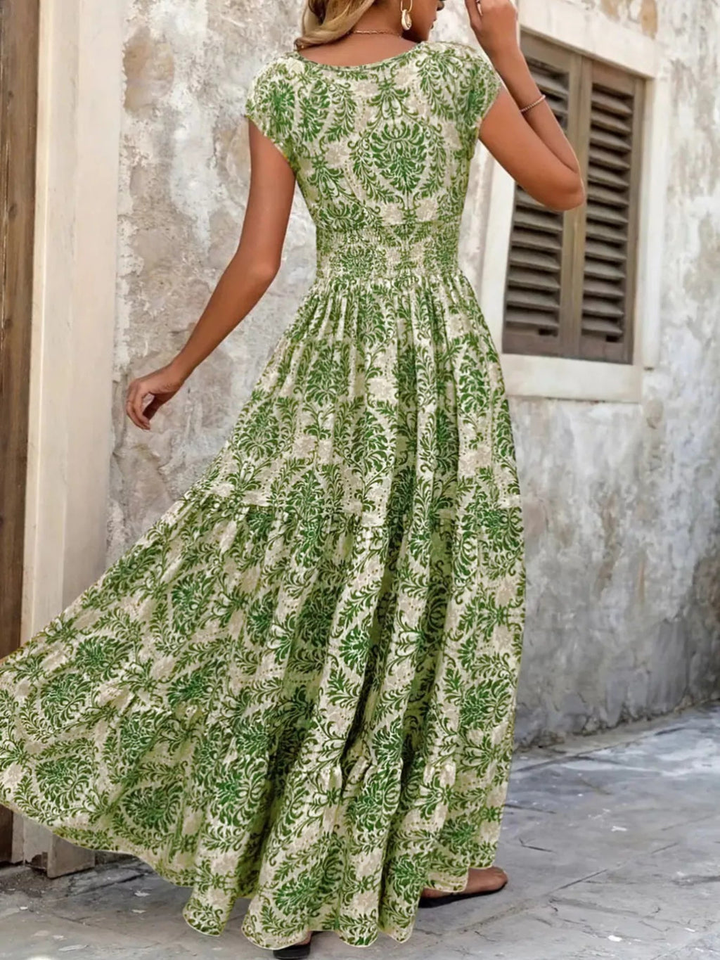 Full Size Printed V-Neck Tiered Maxi Dress Plus Size - Quarter Circle AK Boutique