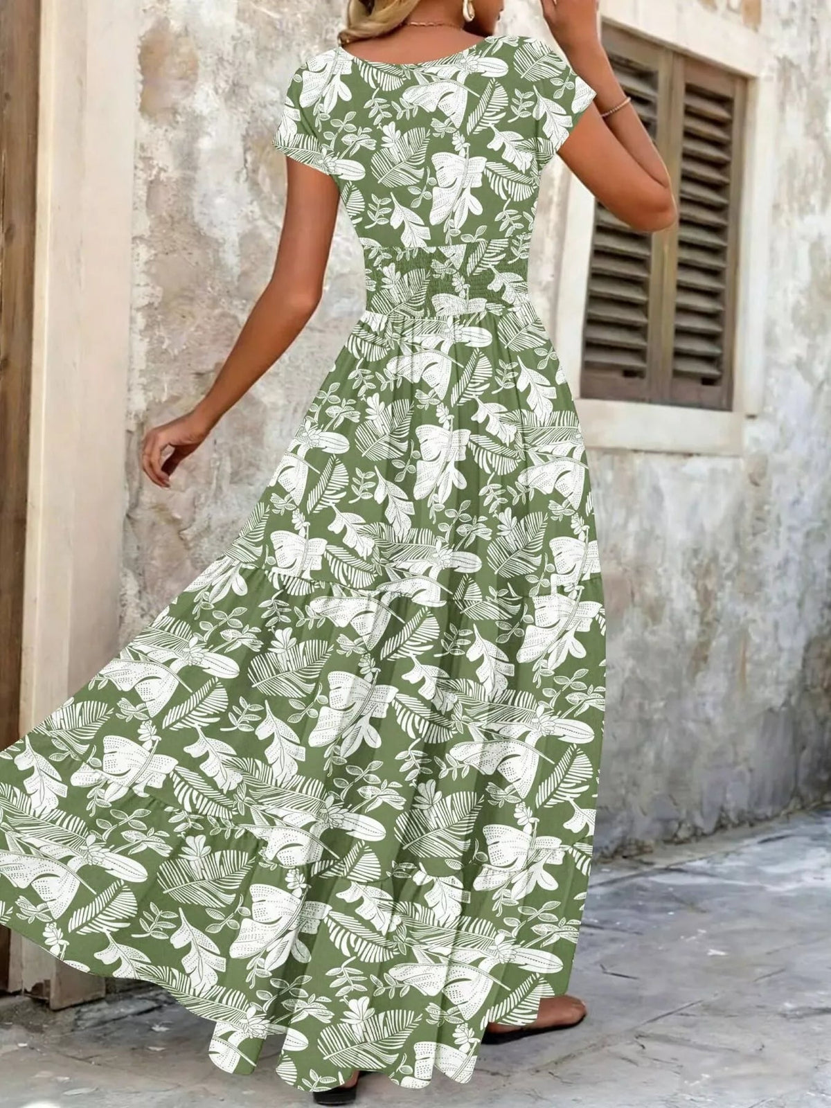 Full Size Printed V-Neck Tiered Maxi Dress Plus Size - Quarter Circle AK Boutique