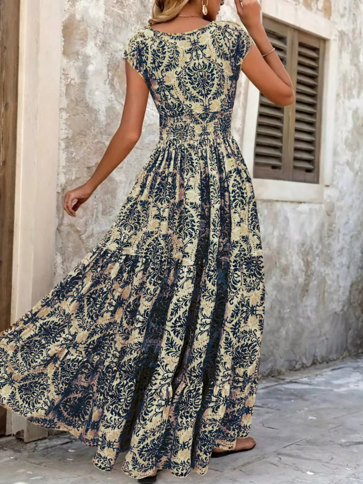 Full Size Printed V-Neck Tiered Maxi Dress Plus Size - Quarter Circle AK Boutique