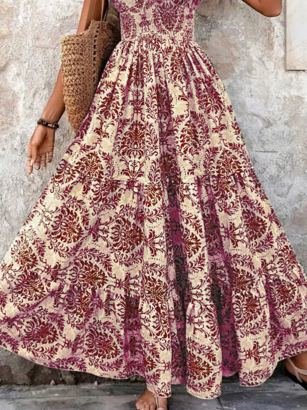 Full Size Printed V-Neck Tiered Maxi Dress Plus Size - Quarter Circle AK Boutique