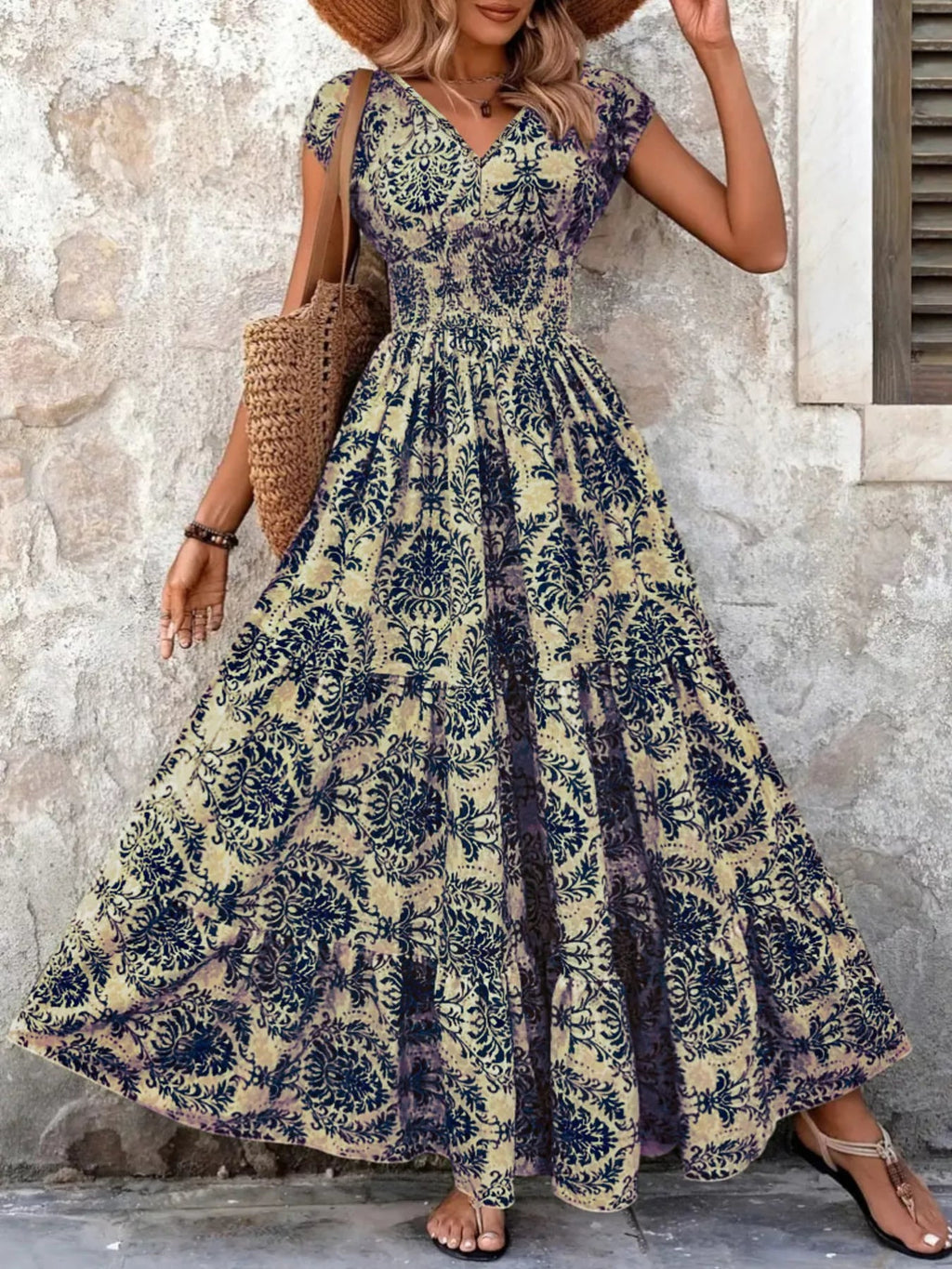 Full Size Printed V-Neck Tiered Maxi Dress Plus Size - Quarter Circle AK Boutique