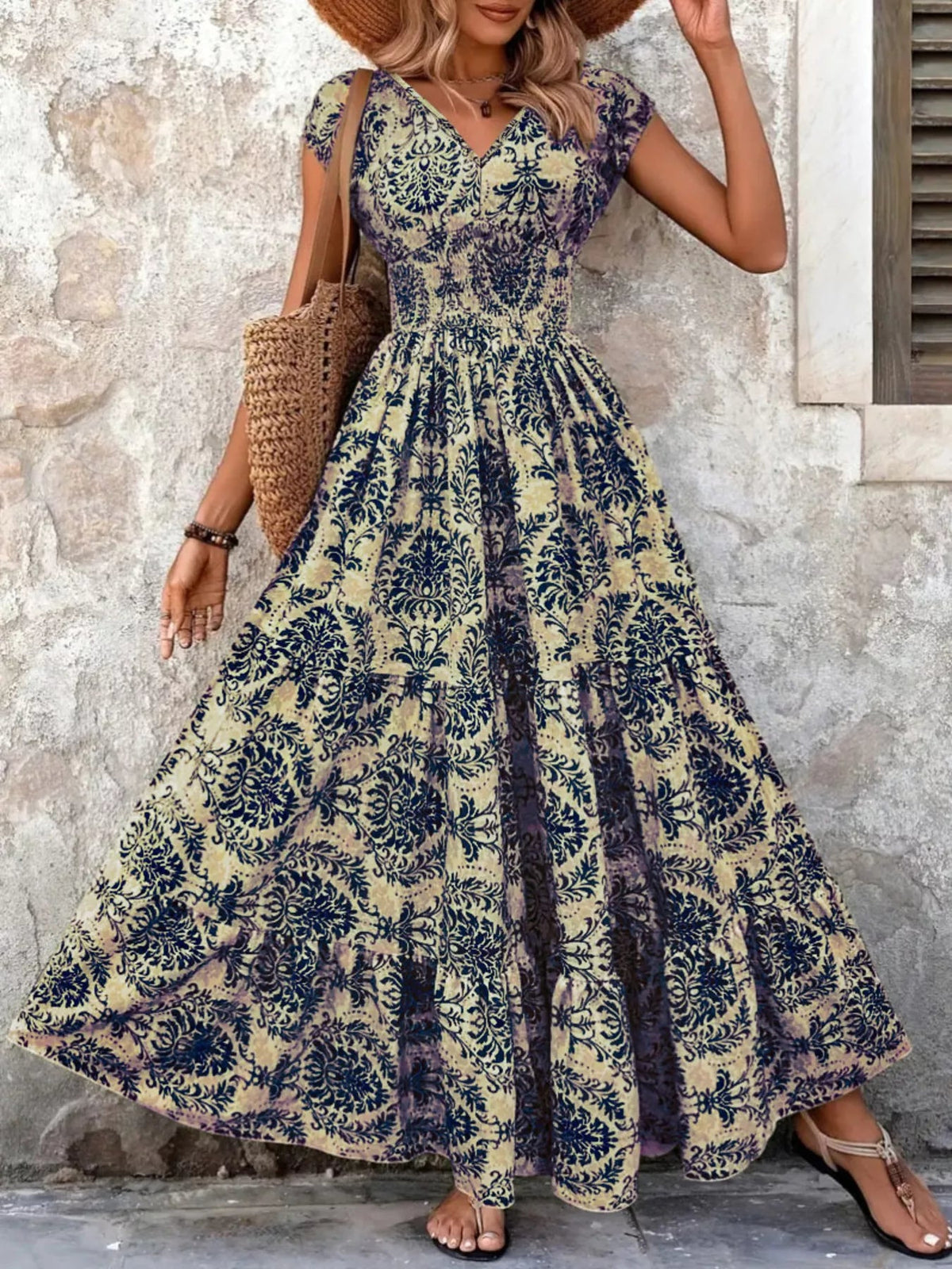Full Size Printed V-Neck Tiered Maxi Dress Plus Size - Quarter Circle AK Boutique
