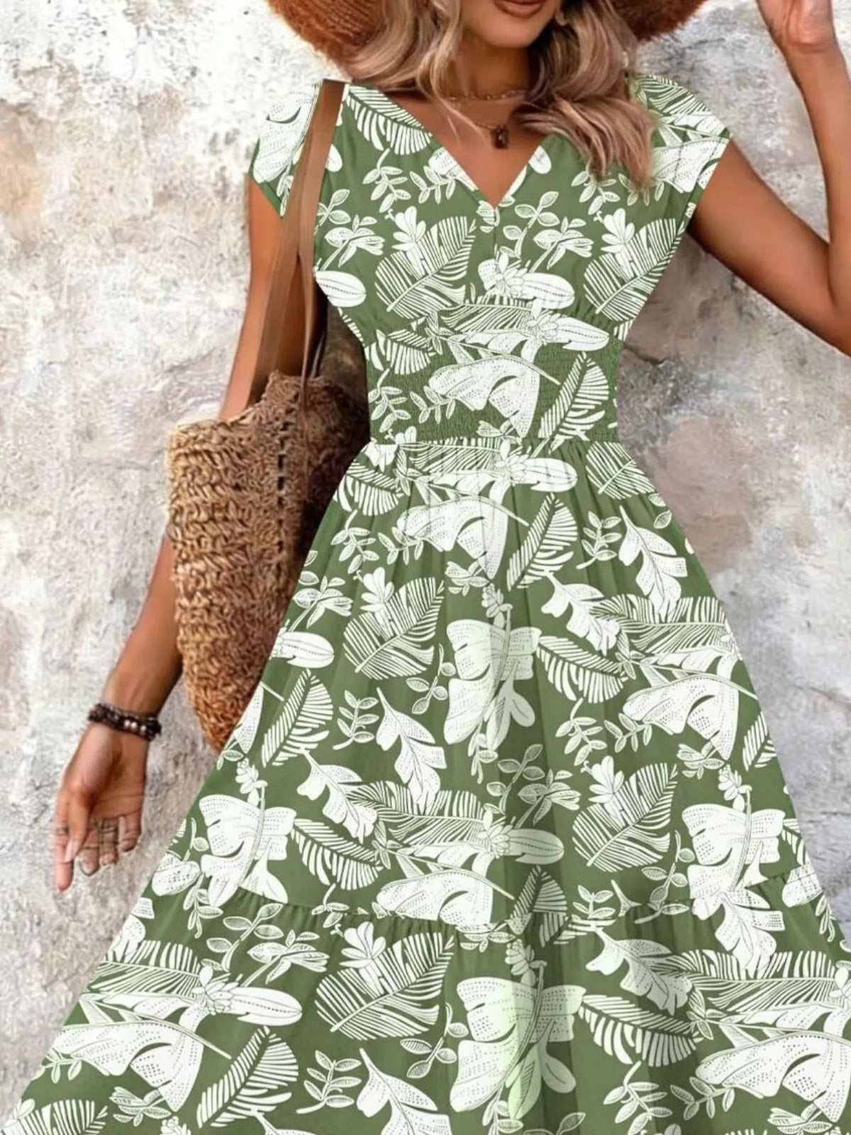 Full Size Printed V-Neck Tiered Maxi Dress Plus Size - Quarter Circle AK Boutique