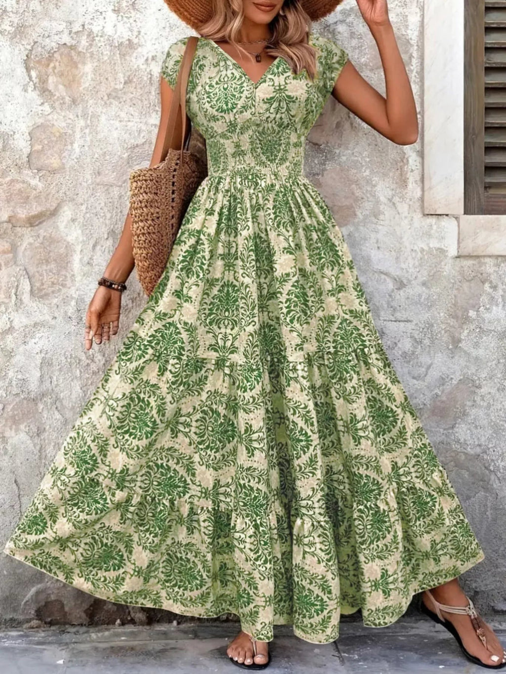 Full Size Printed V-Neck Tiered Maxi Dress Plus Size - Quarter Circle AK Boutique
