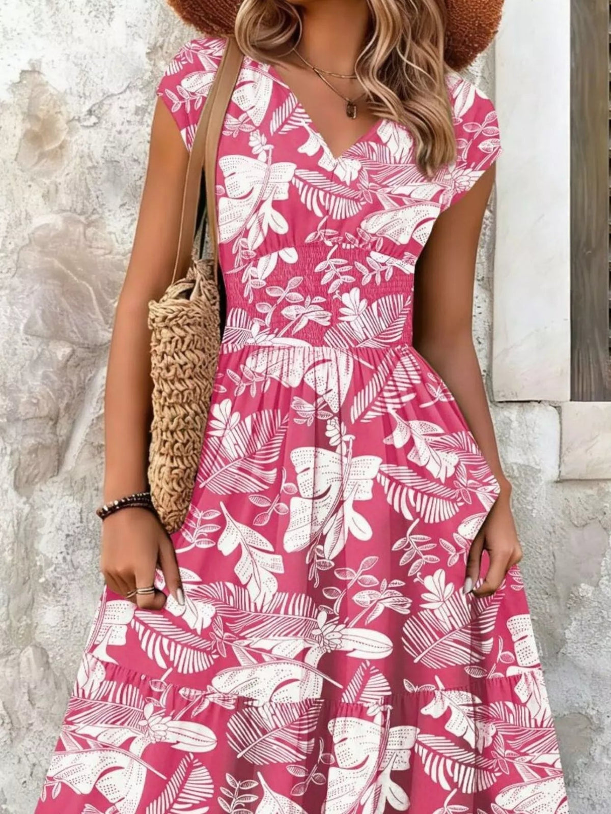 Full Size Printed V-Neck Tiered Maxi Dress Plus Size - Quarter Circle AK Boutique