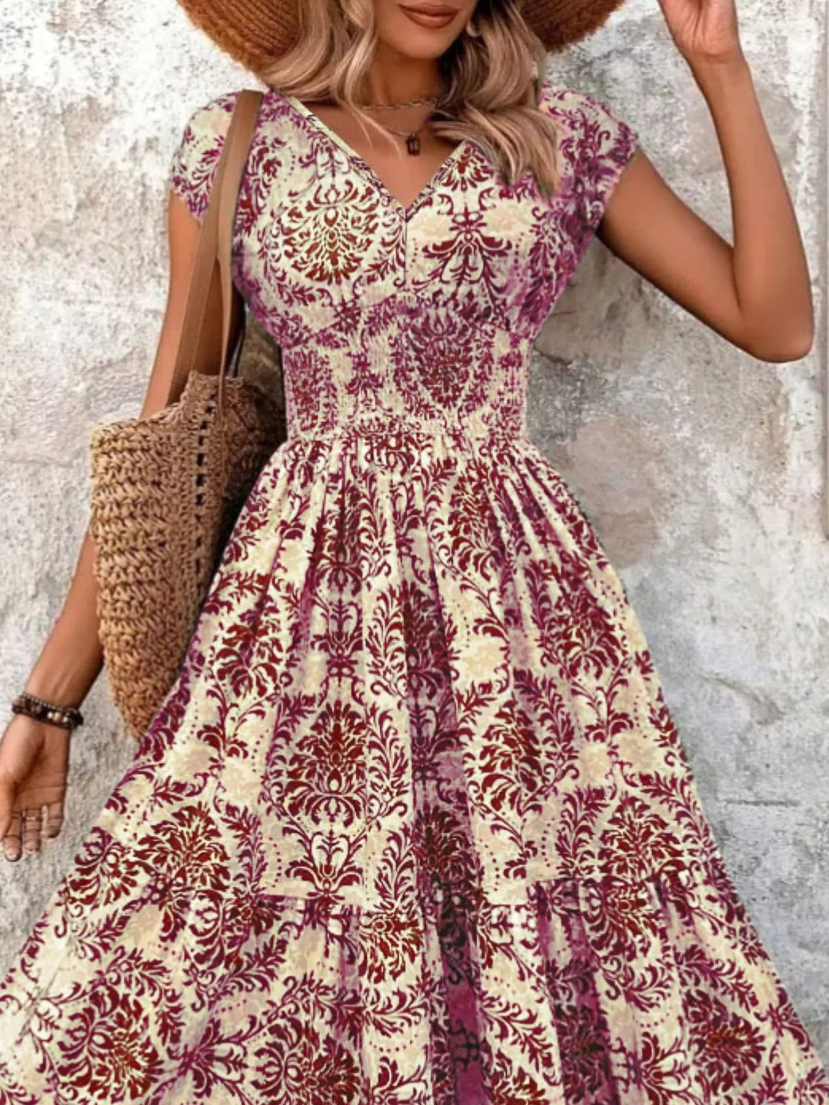 Full Size Printed V-Neck Tiered Maxi Dress Plus Size - Quarter Circle AK Boutique
