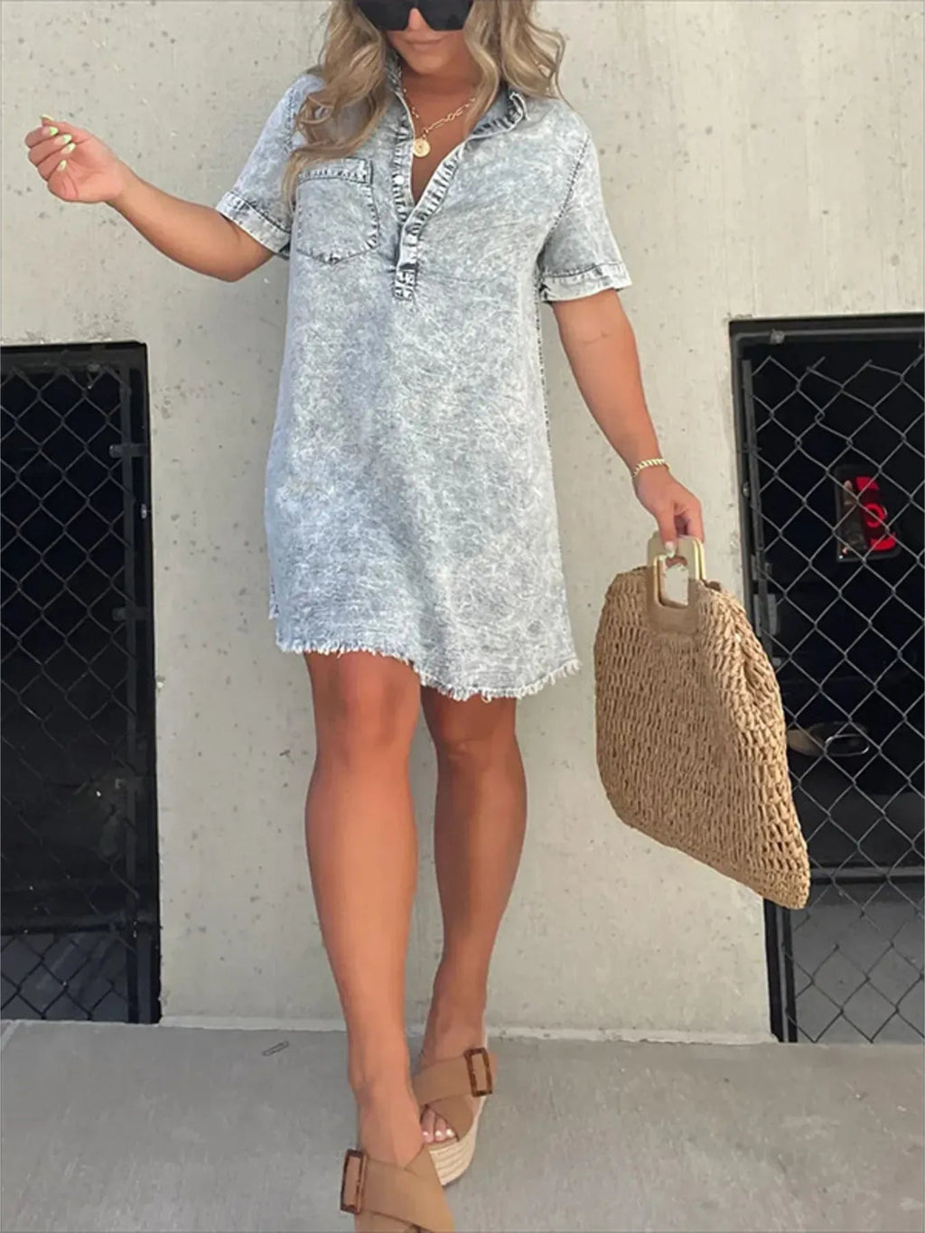 Full Size Raw Hem Short Sleeve Denim Dress Plus Size - Quarter Circle AK Boutique