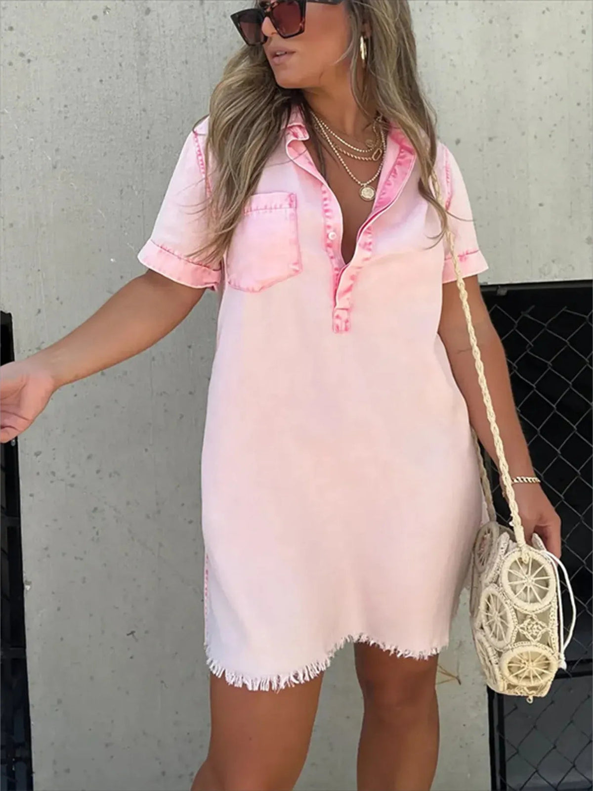 Full Size Raw Hem Short Sleeve Denim Dress Plus Size - Quarter Circle AK Boutique