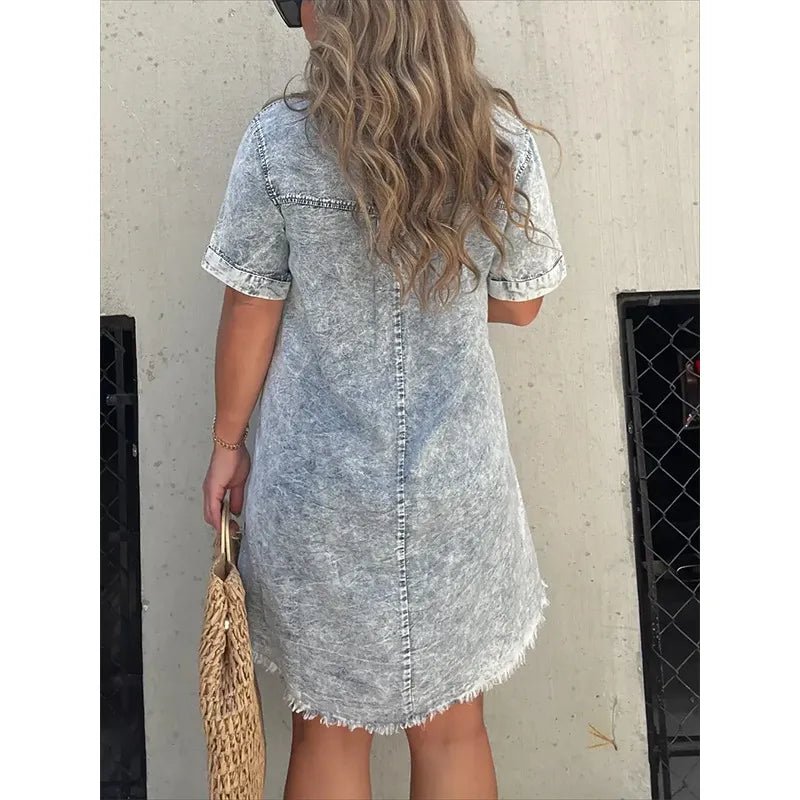 Full Size Raw Hem Short Sleeve Denim Dress Plus Size - Quarter Circle AK Boutique