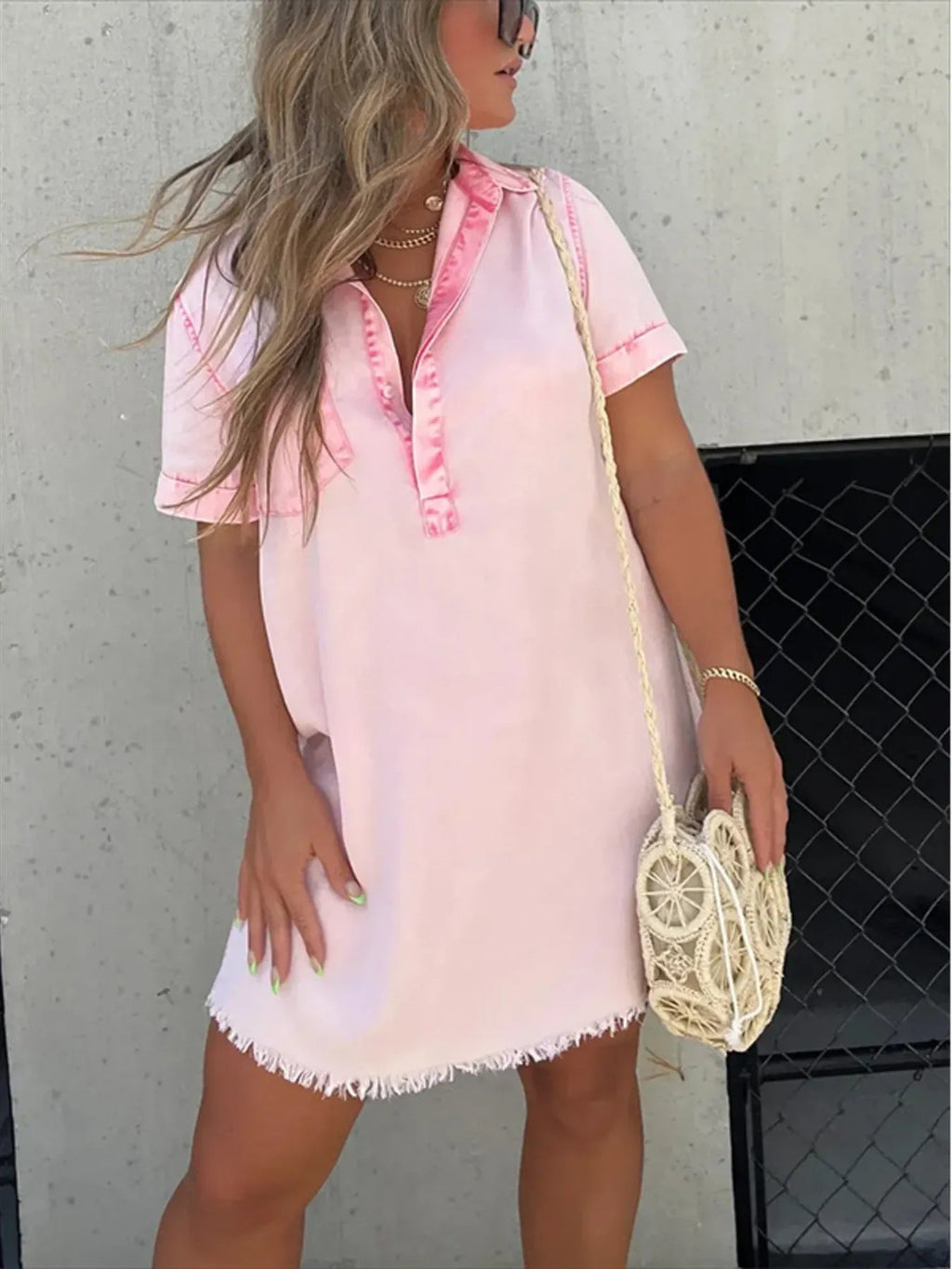 Full Size Raw Hem Short Sleeve Denim Dress Plus Size - Quarter Circle AK Boutique