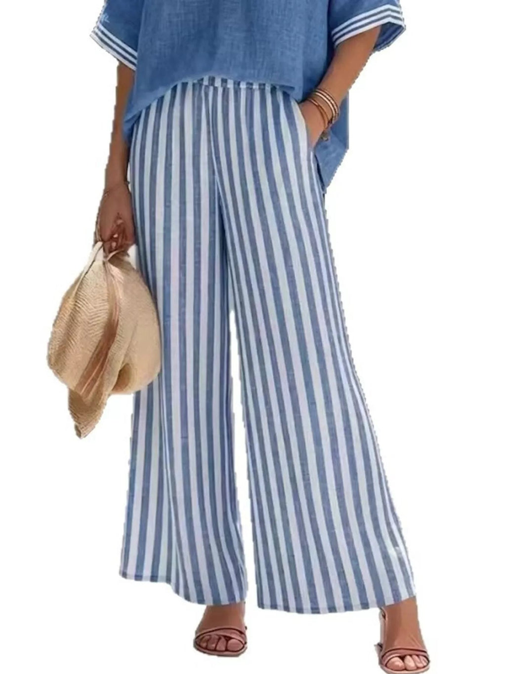 Full Size Striped V-Neck Top and Wide Leg Pants Set Plus Size - Quarter Circle AK Boutique