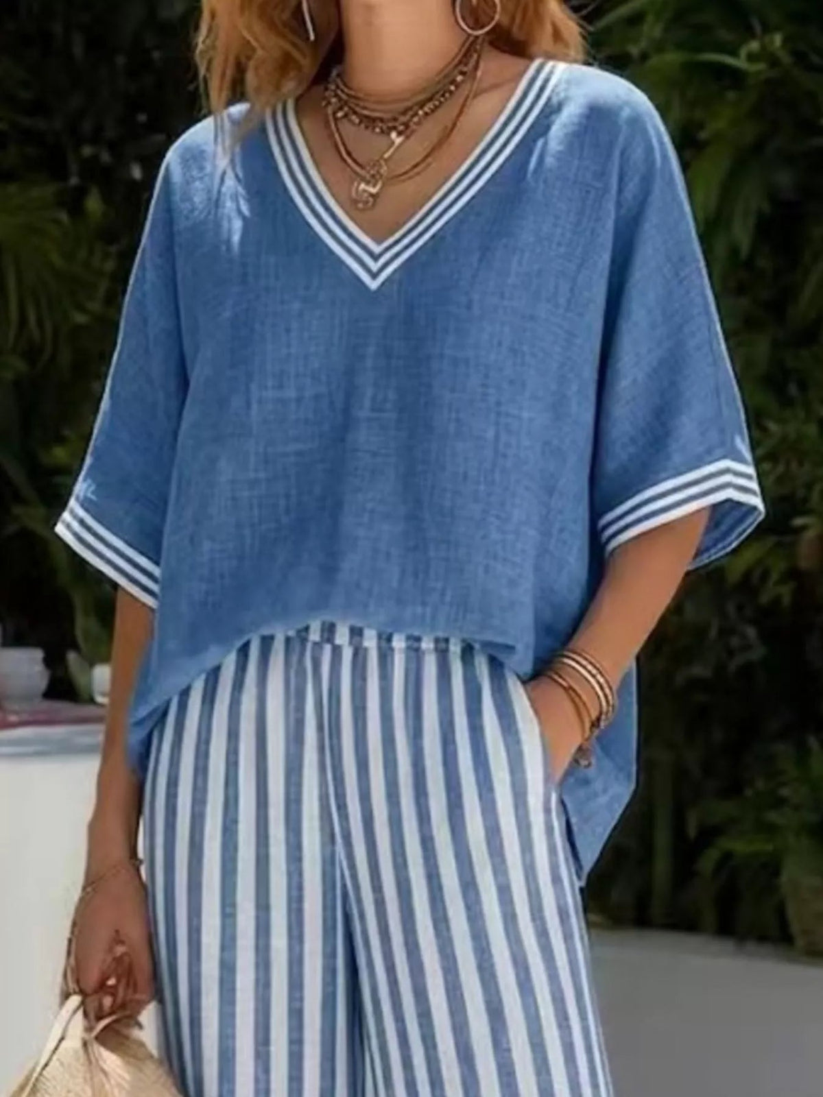 Full Size Striped V-Neck Top and Wide Leg Pants Set Plus Size - Quarter Circle AK Boutique