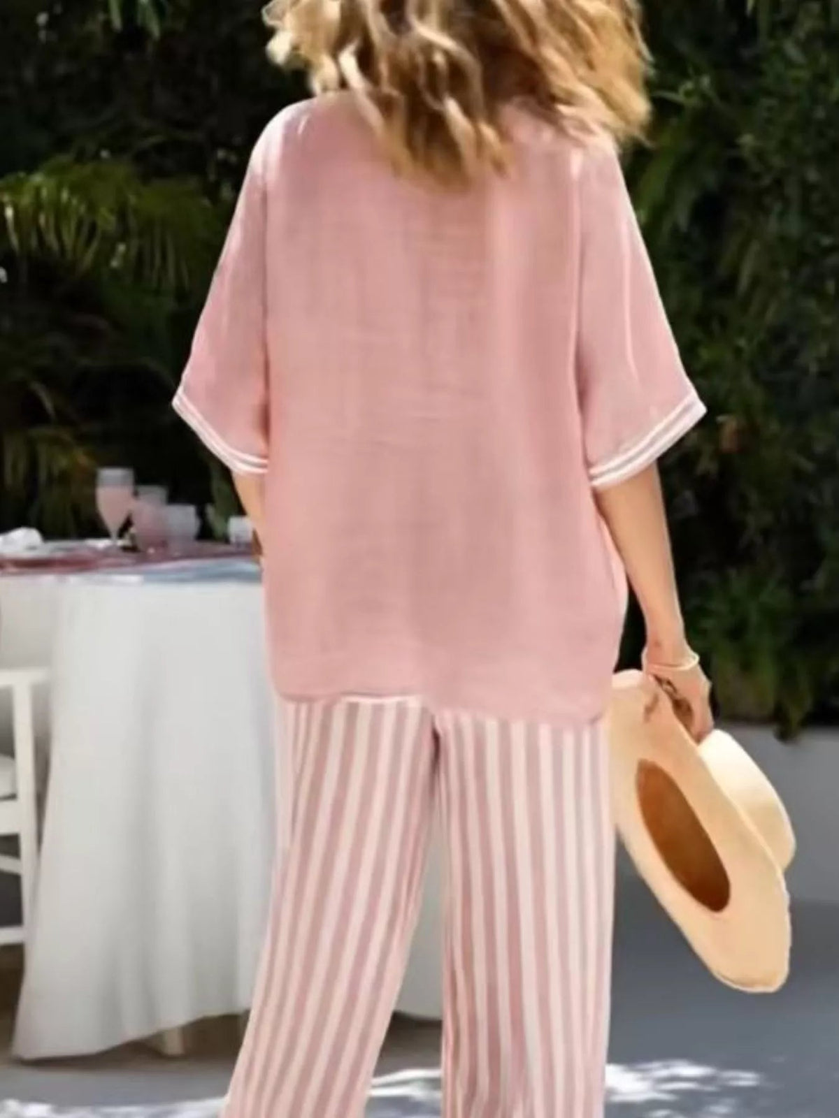 Full Size Striped V-Neck Top and Wide Leg Pants Set Plus Size - Quarter Circle AK Boutique