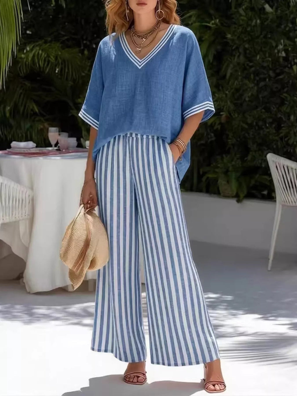 Full Size Striped V-Neck Top and Wide Leg Pants Set Plus Size - Quarter Circle AK Boutique