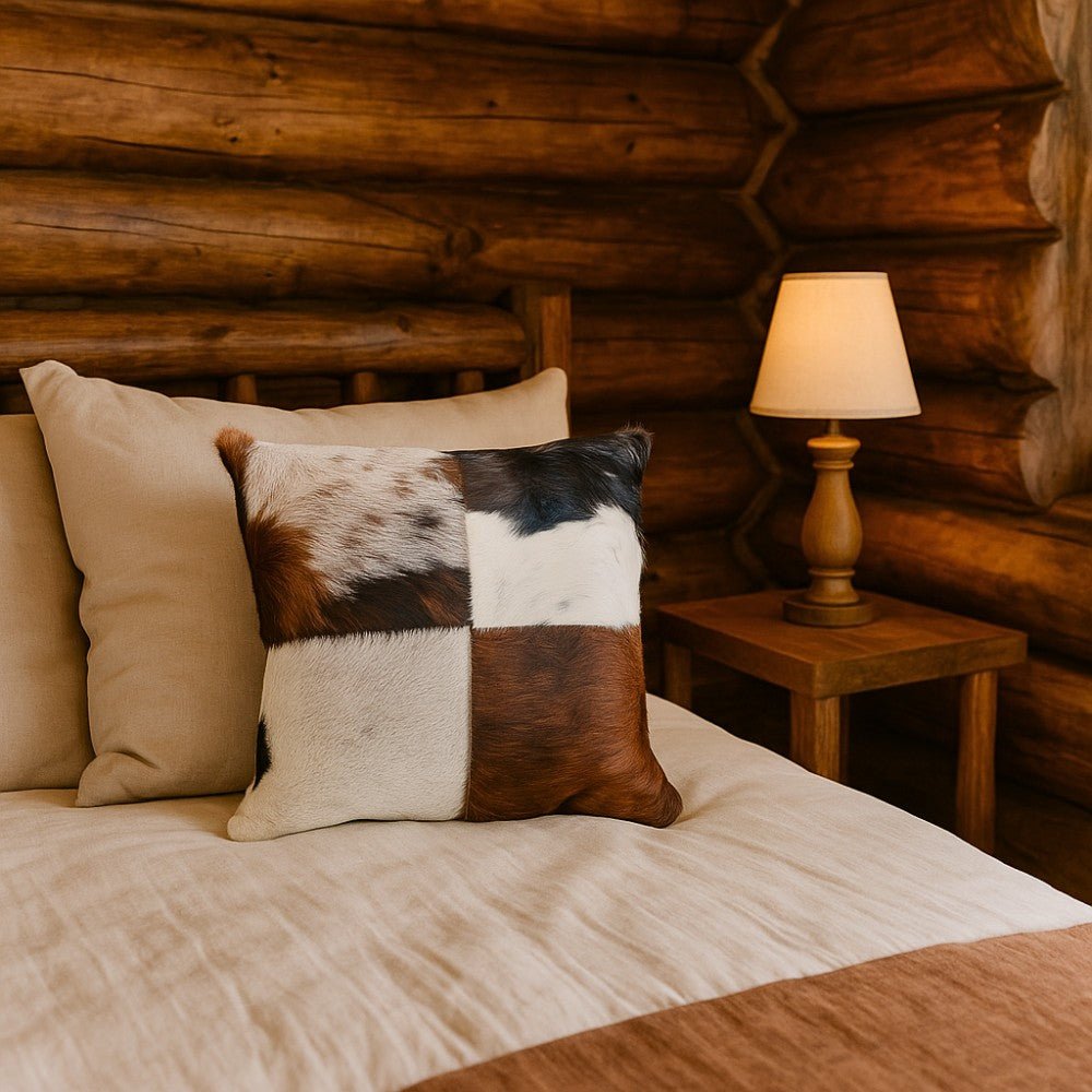 Genuine Cowhide Patchwork Pillow – Hair-on-Hide Both Sides, 16×16 - Quarter Circle AK Boutique
