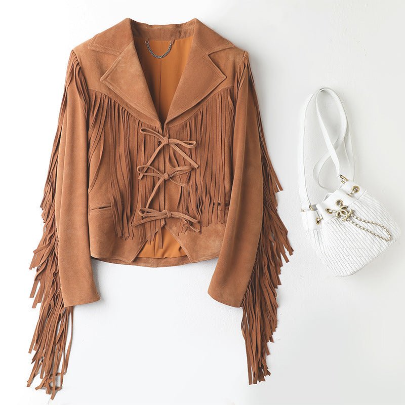 Genuine Leather Sheepskin Suede Lapel Tassel Motorcycle Short Jacket - Quarter Circle AK Boutique