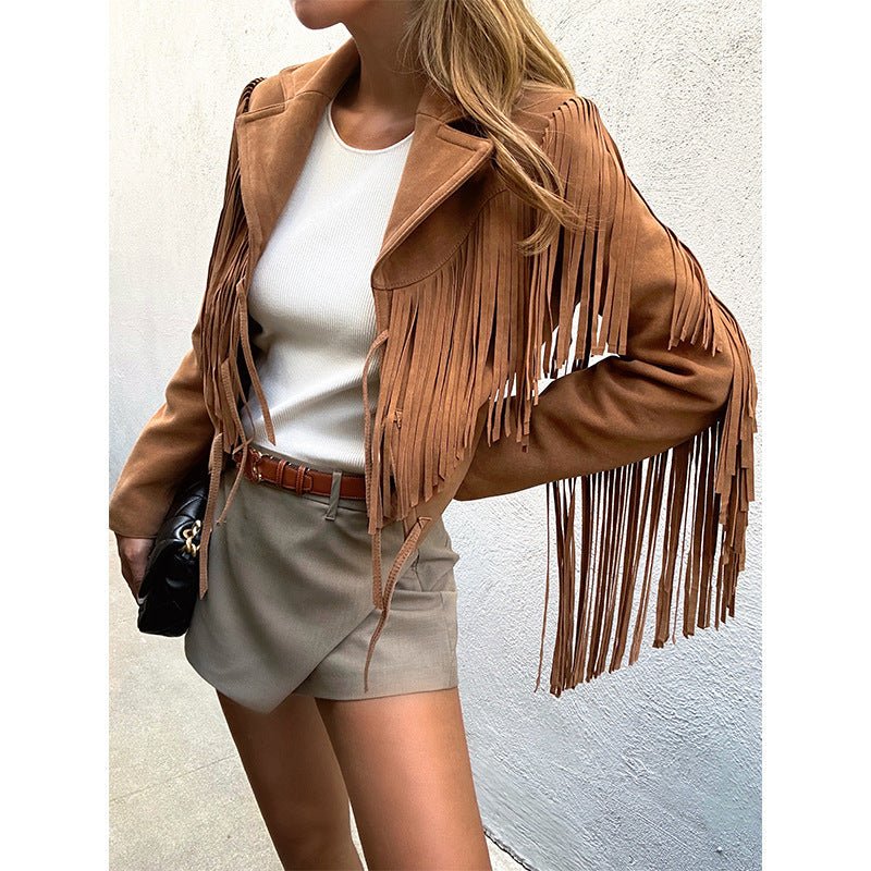 Genuine Leather Sheepskin Suede Lapel Tassel Motorcycle Short Jacket - Quarter Circle AK Boutique