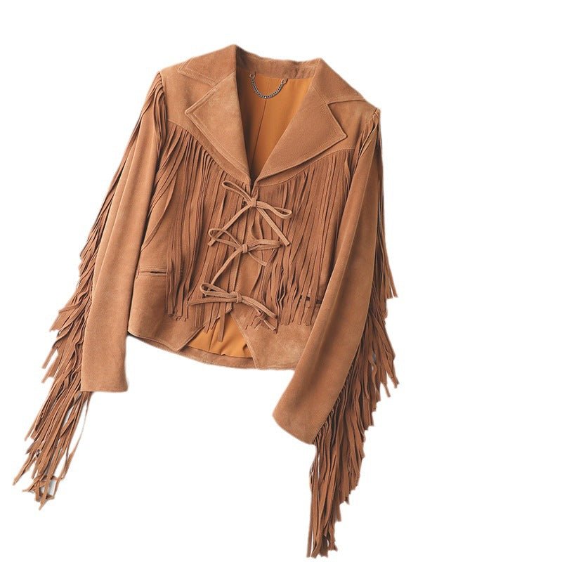 Genuine Leather Sheepskin Suede Lapel Tassel Motorcycle Short Jacket - Quarter Circle AK Boutique