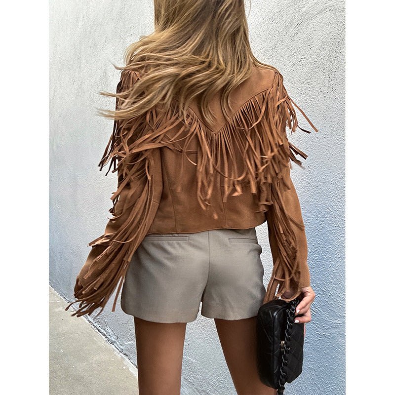 Genuine Leather Sheepskin Suede Lapel Tassel Motorcycle Short Jacket - Quarter Circle AK Boutique