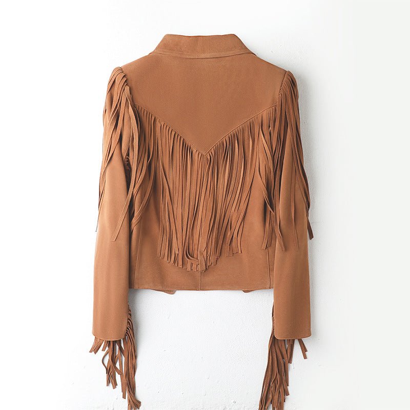 Genuine Leather Sheepskin Suede Lapel Tassel Motorcycle Short Jacket - Quarter Circle AK Boutique