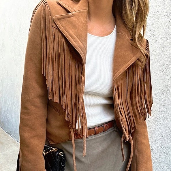 Genuine Leather Sheepskin Suede Lapel Tassel Motorcycle Short Jacket - Quarter Circle AK Boutique
