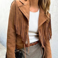 Genuine Leather Sheepskin Suede Lapel Tassel Motorcycle Short Jacket - Quarter Circle AK Boutique