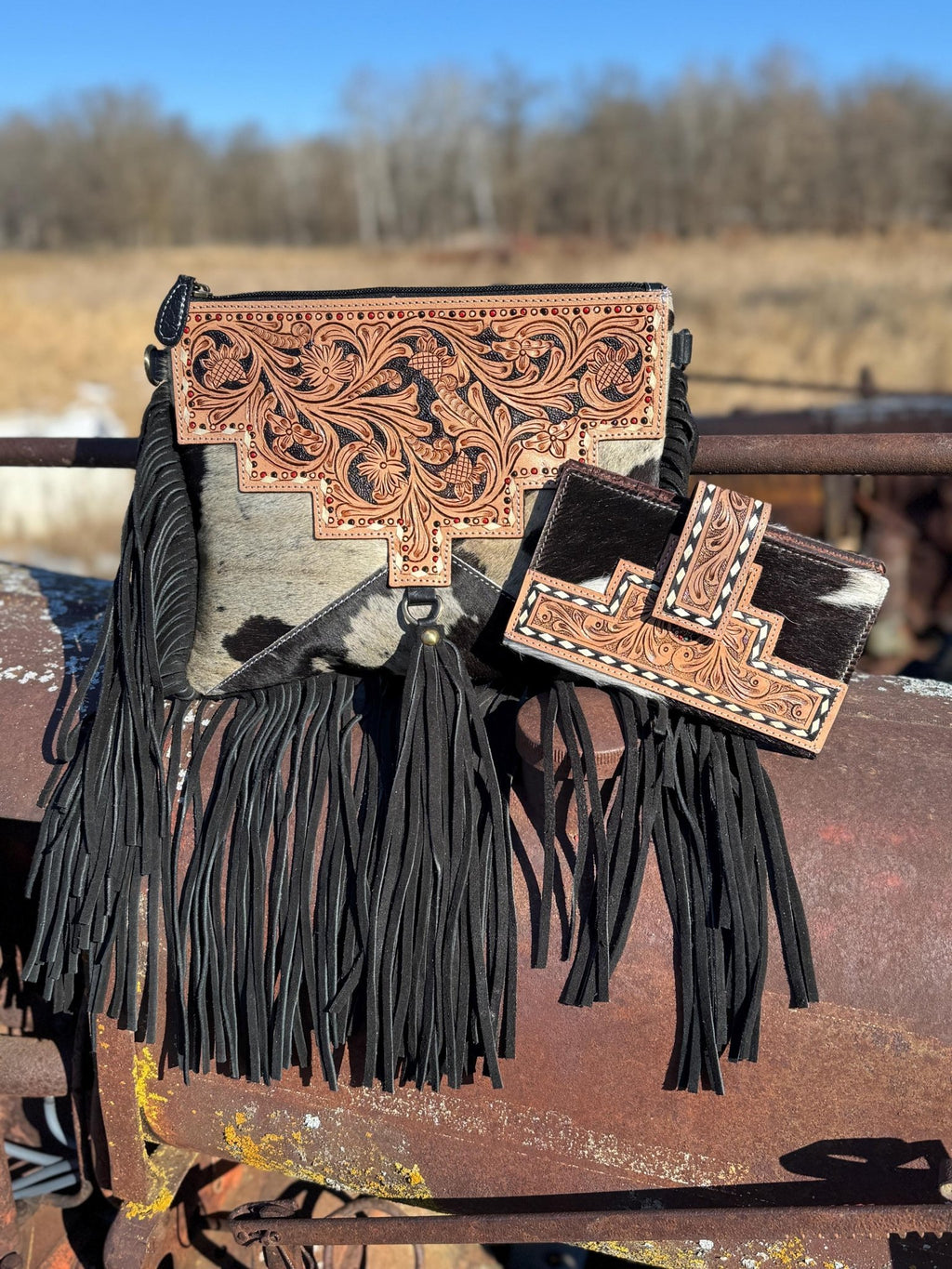 Genuine Western Cowhide Leather Purse and Wallet with details and fringe by Double B Wild Rags - Quarter Circle AK Boutique