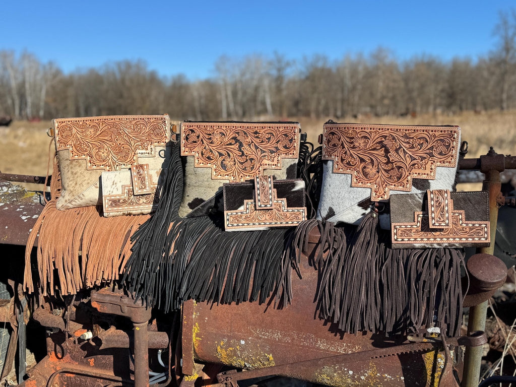 Genuine Western Cowhide Leather Purse and Wallet with details and fringe by Double B Wild Rags - Quarter Circle AK Boutique