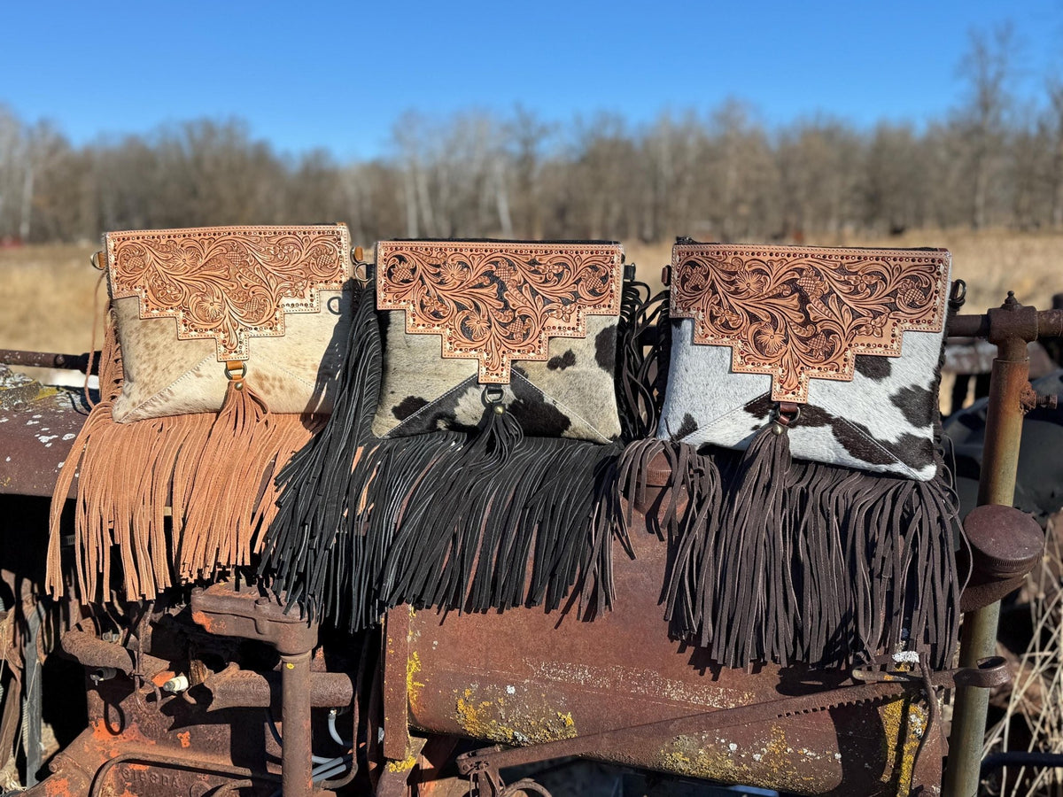Genuine Western Cowhide Leather Purse and Wallet with details and fringe by Double B Wild Rags - Quarter Circle AK Boutique