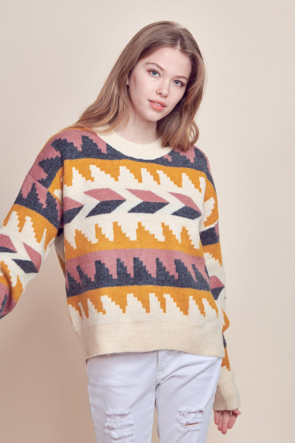 &Merci Geometric Fair Isle Western Sweater — Crew Neck in Cream, Indigo, Mauve & Mustard Mid-Weight Knit