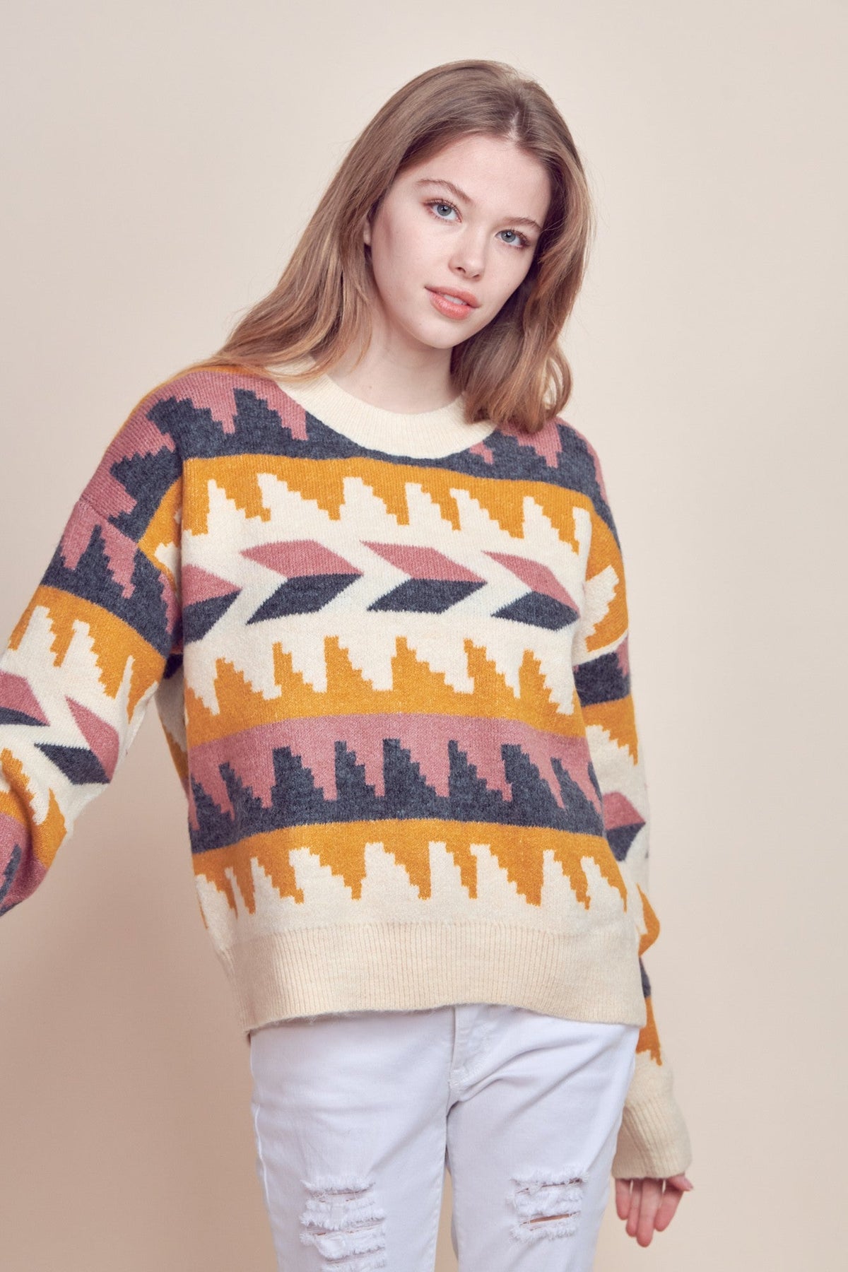 &Merci Geometric Fair Isle Western Sweater — Crew Neck in Cream, Indigo, Mauve & Mustard Mid-Weight Knit
