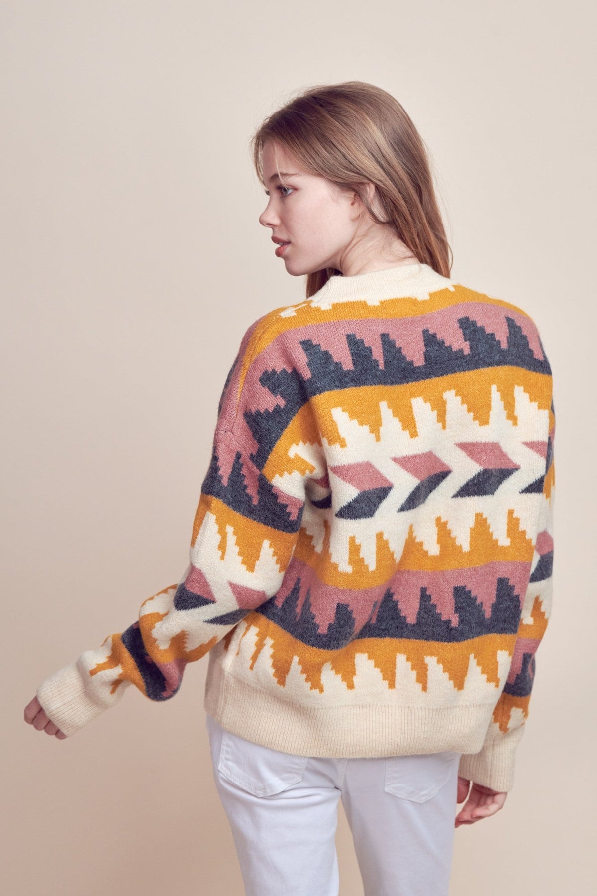 &Merci Geometric Fair Isle Western Sweater — Crew Neck in Cream, Indigo, Mauve & Mustard Mid-Weight Knit